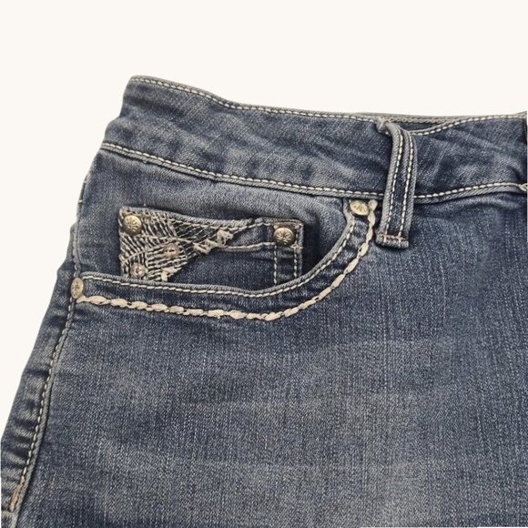 Y2K Love Indigo Denim Shorts Womens 12 Embroidered Cross Flap - Picture 10 of 13